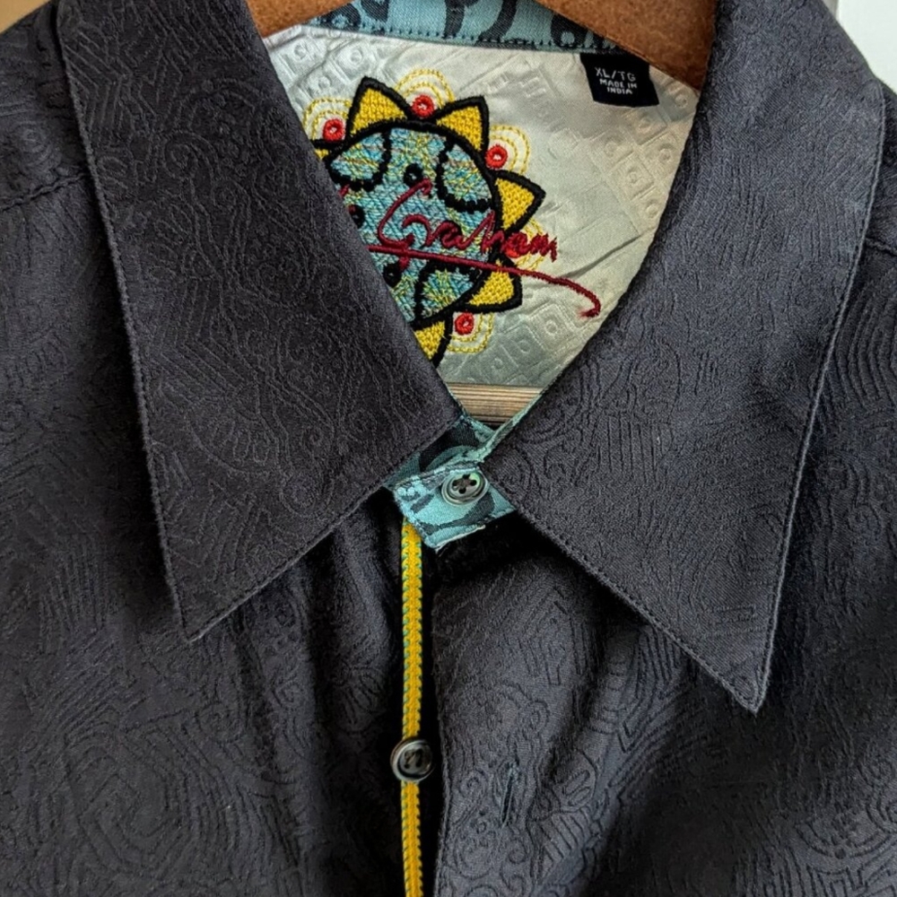 Robert Graham XL Black Woven Button Down Shirt with Turquoise Embroidered